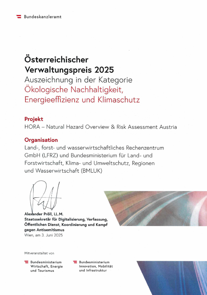 Dokument der Auszeichnung zum Österreichischen Verwaltungspreises 2025