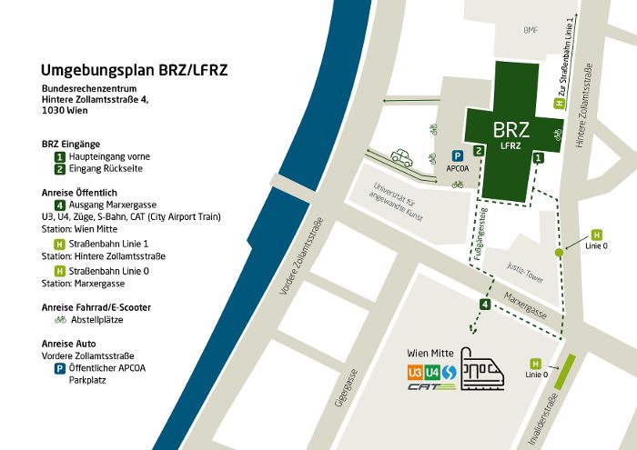 Der Standort des BRZ/LFRZ auf einer Karte mit den umliegenden öffentlichen Verkehrsmitteln eingezeichnet.